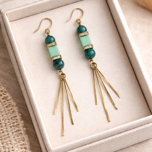Petals & Poison Collective Jewelry - Brass & Sea Glass Green Fringe Earrings – Artisan Statement Drop